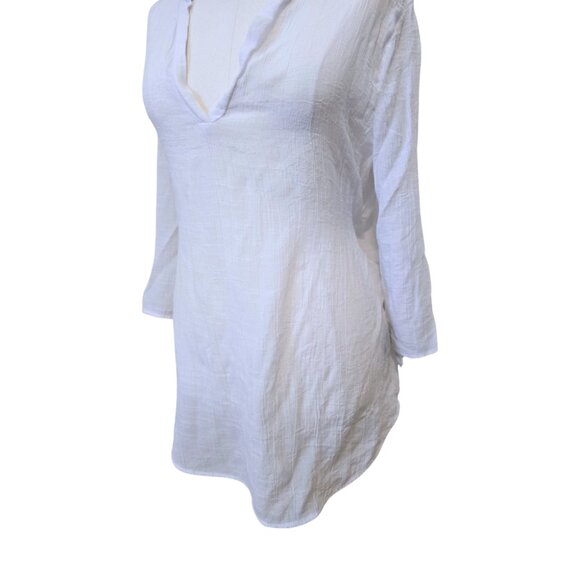 White Linen Style Top Long Sleeve Sheer V Neck Floral Lace Tunic Boho Sz XL - Picture 7 of 9